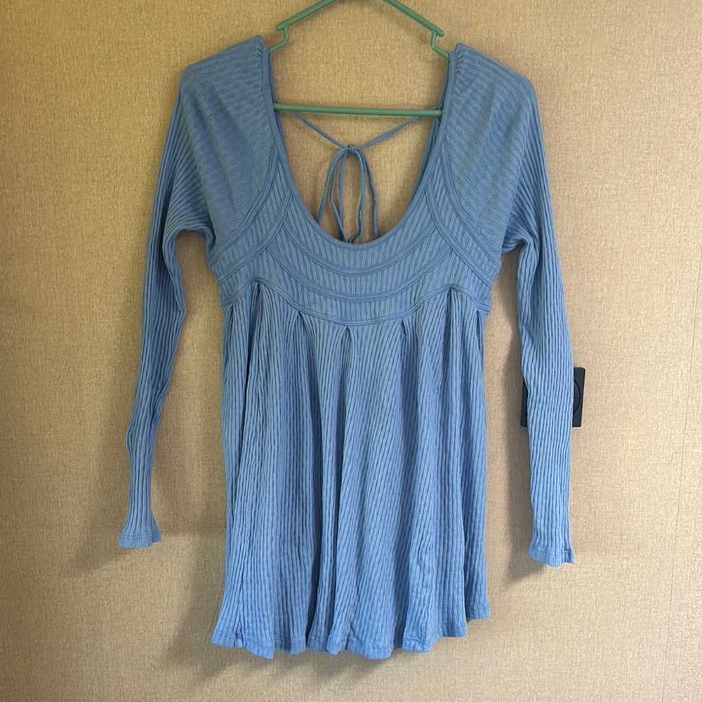 Free People Blue Smocked Tie Back Long Sleeve Tunic
